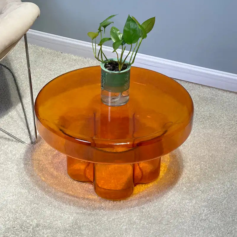 Table basse ronde en verre soufflé à la main, de forme florale moderne, Ambre / Verte / Violette / Turquoise