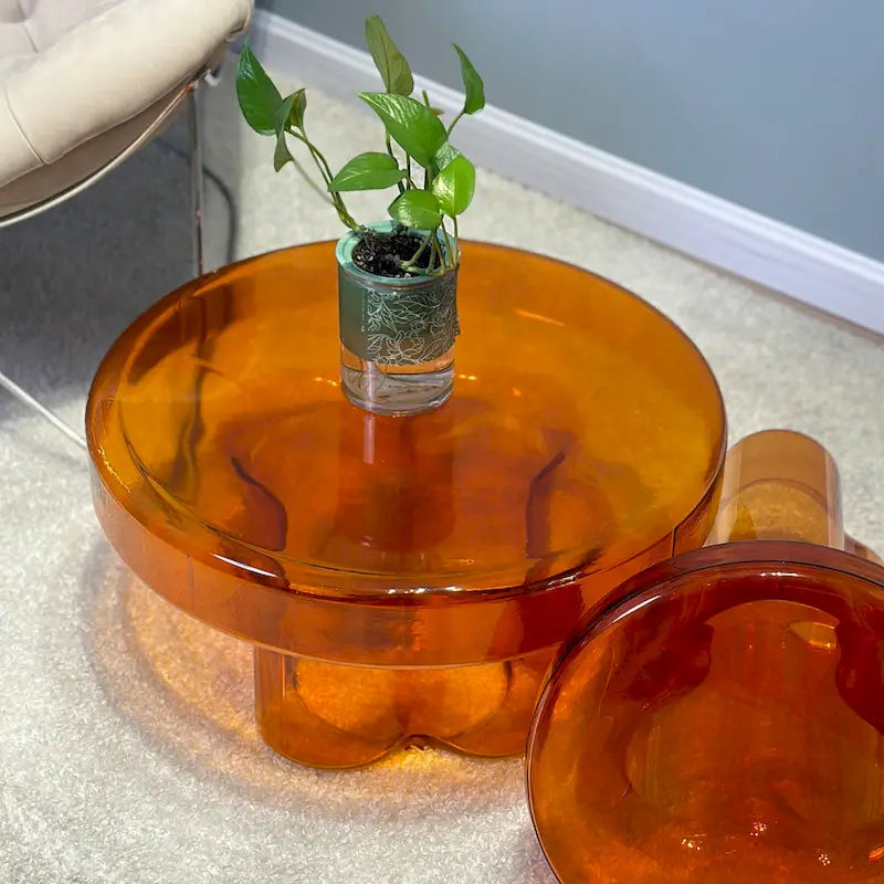 Table basse ronde en verre soufflé à la main, de forme florale moderne, Ambre / Verte / Violette / Turquoise
