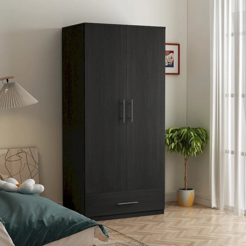 Armoire 2 portes avec tringle et tiroir, Blanc / Noir, Style panneau encadré