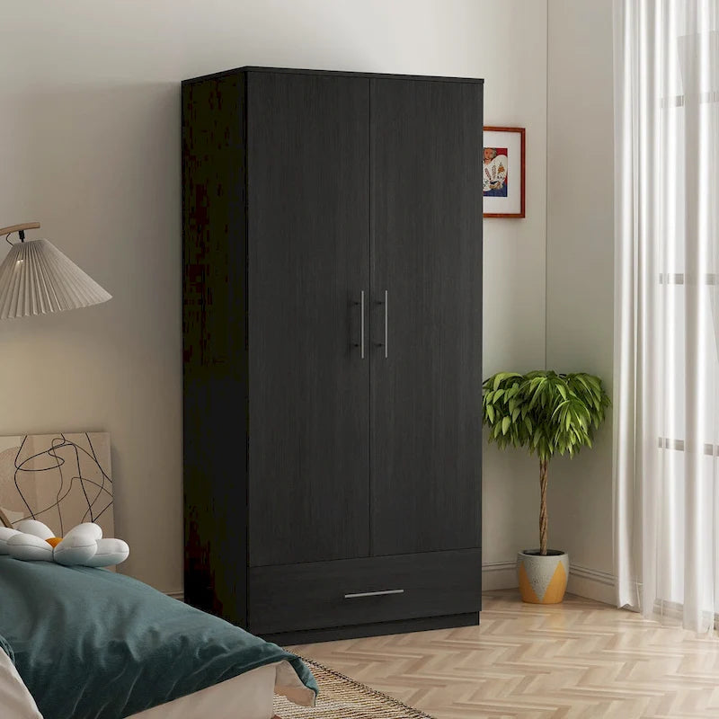 Armoire 2 portes avec tringle et tiroir, Blanc / Noir, Style panneau encadré