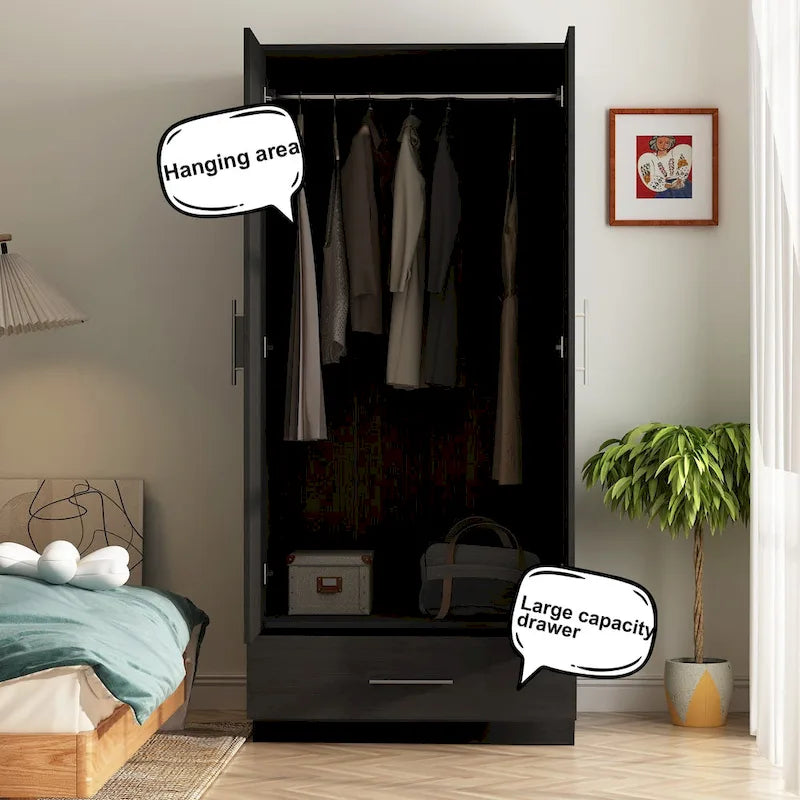 Armoire 2 portes avec tringle et tiroir, Blanc / Noir, Style panneau encadré