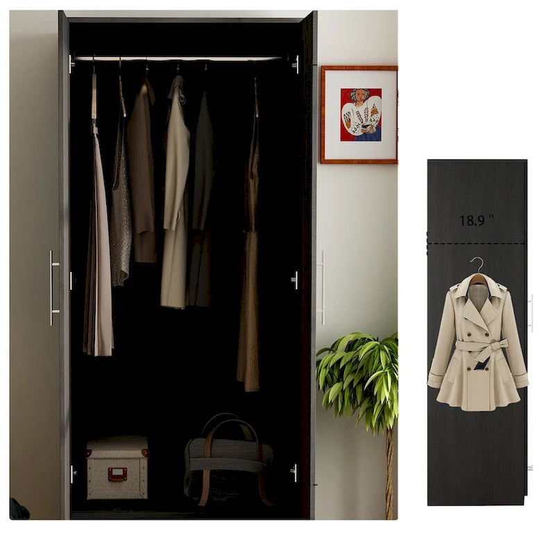 Armoire 2 portes avec tringle et tiroir, Blanc / Noir, Style panneau encadré