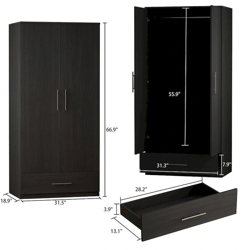 Armoire 2 portes avec tringle et tiroir, Blanc / Noir, Style panneau encadré
