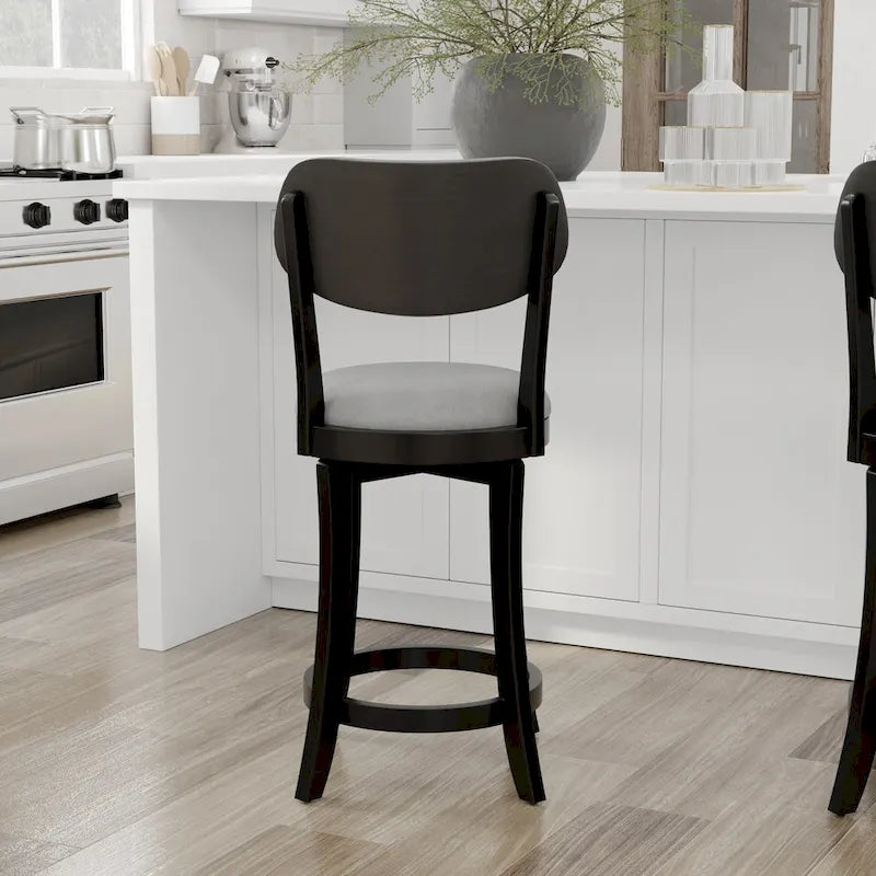 Tabouret de comptoir pivotant moderne du milieu du siècle, noir/gris ardoise, assise et dossier rembourrés, simple