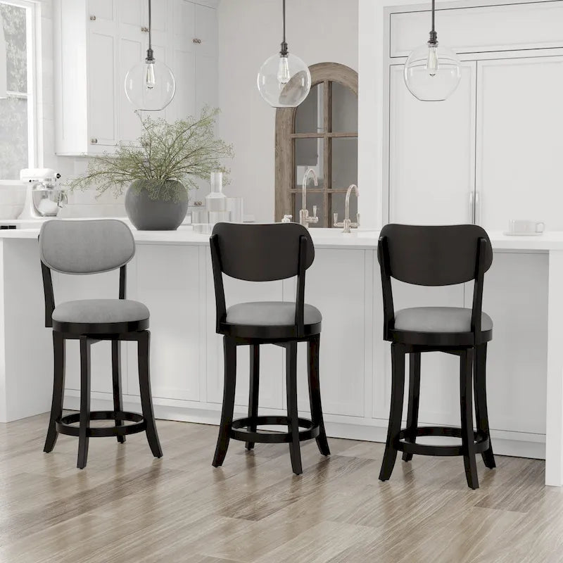 Tabouret de comptoir pivotant moderne du milieu du siècle, noir/gris ardoise, assise et dossier rembourrés, simple