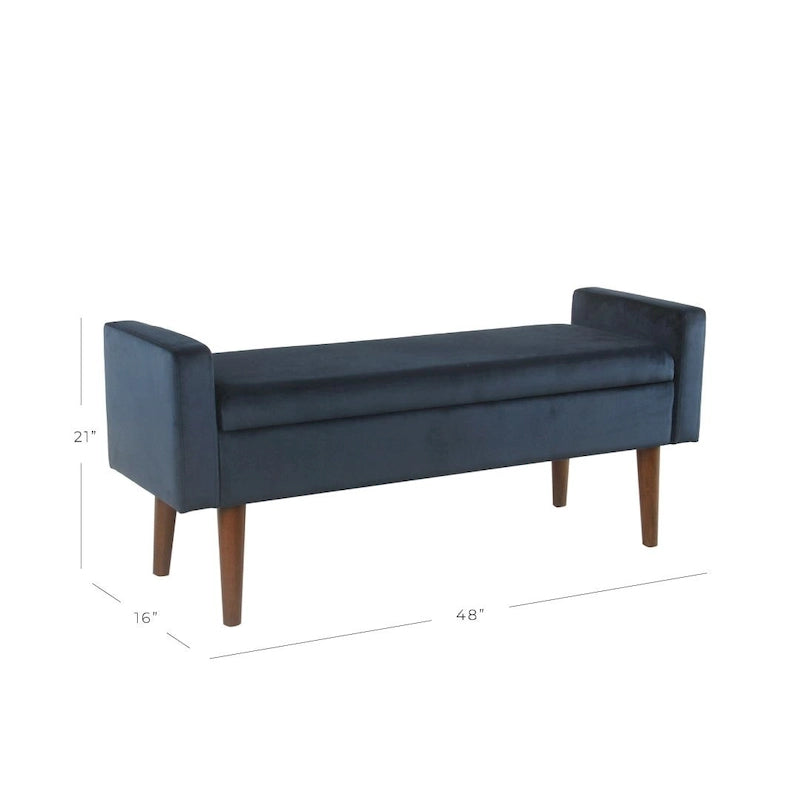 Banc de rangement en velours bleu marine, style Mid-Century, avec pieds en noyer et couvercle à charnière, 2 places