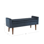 Banc de rangement en velours bleu marine, style Mid-Century, avec pieds en noyer et couvercle à charnière, 2 places