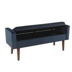 Banc de rangement en velours bleu marine, style Mid-Century, avec pieds en noyer et couvercle à charnière, 2 places