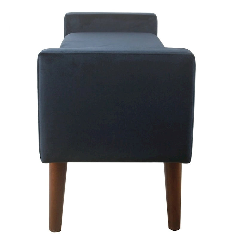 Banc de rangement en velours bleu marine, style Mid-Century, avec pieds en noyer et couvercle à charnière, 2 places