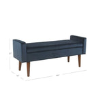 Banc de rangement en velours bleu marine, style Mid-Century, avec pieds en noyer et couvercle à charnière, 2 places