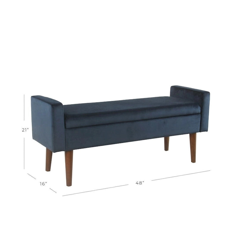 Banc de rangement en velours bleu marine, style Mid-Century, avec pieds en noyer et couvercle à charnière, 2 places