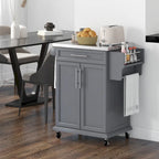 Îlot de cuisine roulant avec plateau en acier inoxydable, gris, pin, tiroirs et armoire