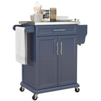 Îlot de cuisine roulant avec plateau en acier inoxydable, gris, pin, tiroirs et armoire
