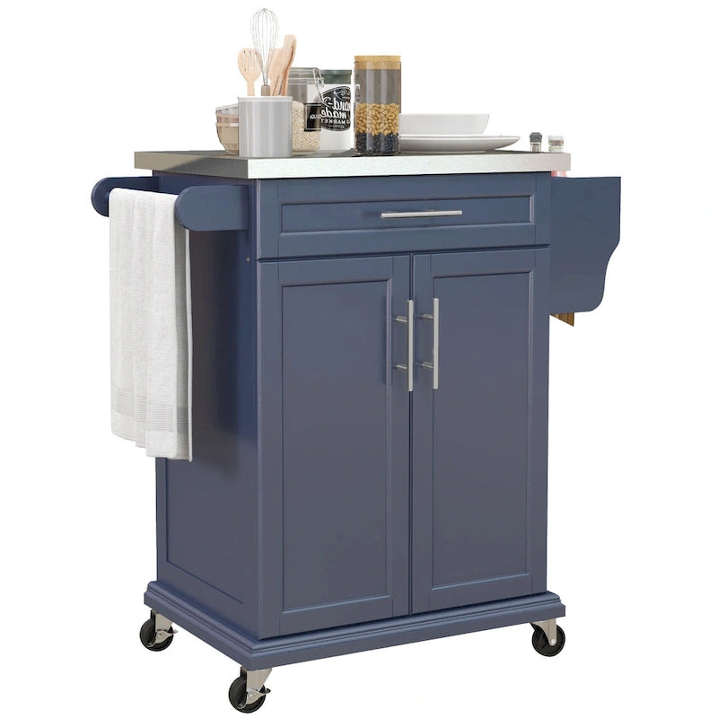 Îlot de cuisine roulant avec plateau en acier inoxydable, gris, pin, tiroirs et armoire
