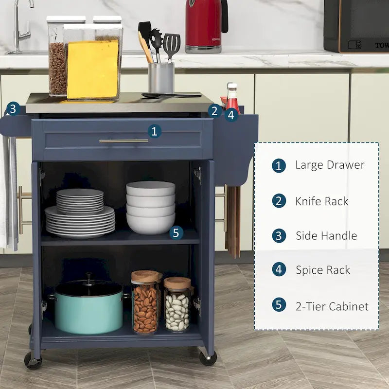Îlot de cuisine roulant avec plateau en acier inoxydable, gris, pin, tiroirs et armoire