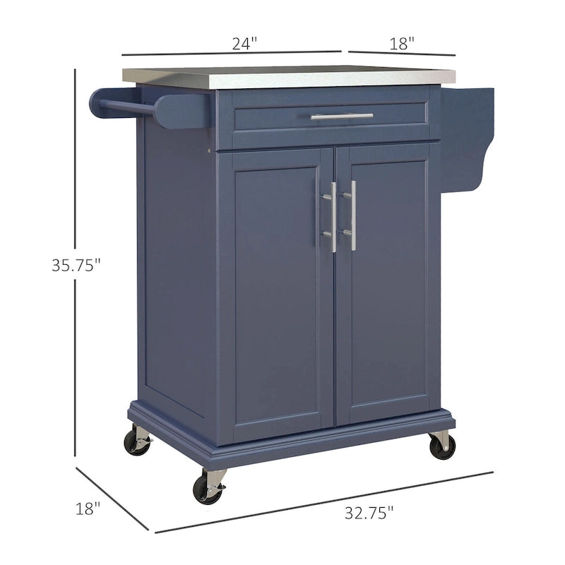 Îlot de cuisine roulant avec plateau en acier inoxydable, gris, pin, tiroirs et armoire
