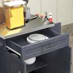 Îlot de cuisine roulant avec plateau en acier inoxydable, gris, pin, tiroirs et armoire