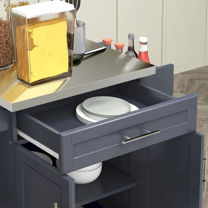 Îlot de cuisine roulant avec plateau en acier inoxydable, gris, pin, tiroirs et armoire