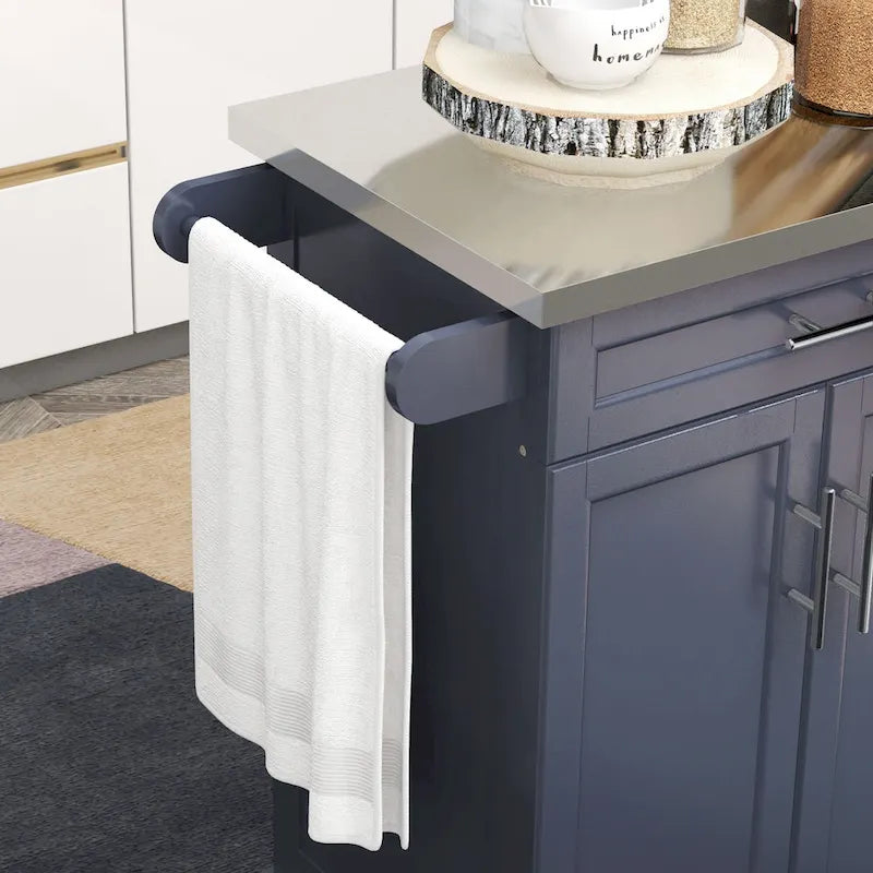 Îlot de cuisine roulant avec plateau en acier inoxydable, gris, pin, tiroirs et armoire