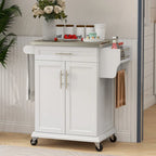 Îlot de cuisine roulant avec plateau en acier inoxydable, gris, pin, tiroirs et armoire