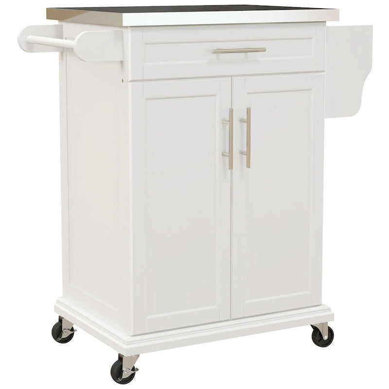Îlot de cuisine roulant avec plateau en acier inoxydable, gris, pin, tiroirs et armoire