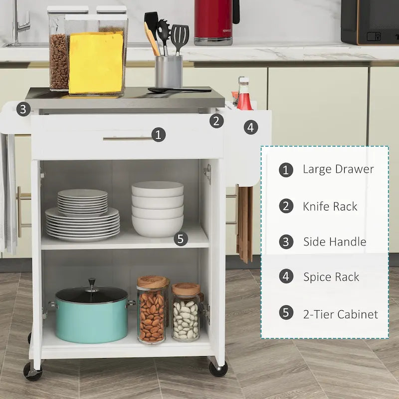 Îlot de cuisine roulant avec plateau en acier inoxydable, gris, pin, tiroirs et armoire
