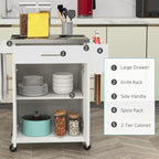 Îlot de cuisine roulant avec plateau en acier inoxydable, gris, pin, tiroirs et armoire