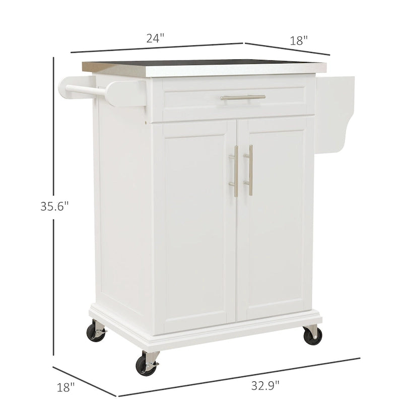 Îlot de cuisine roulant avec plateau en acier inoxydable, gris, pin, tiroirs et armoire