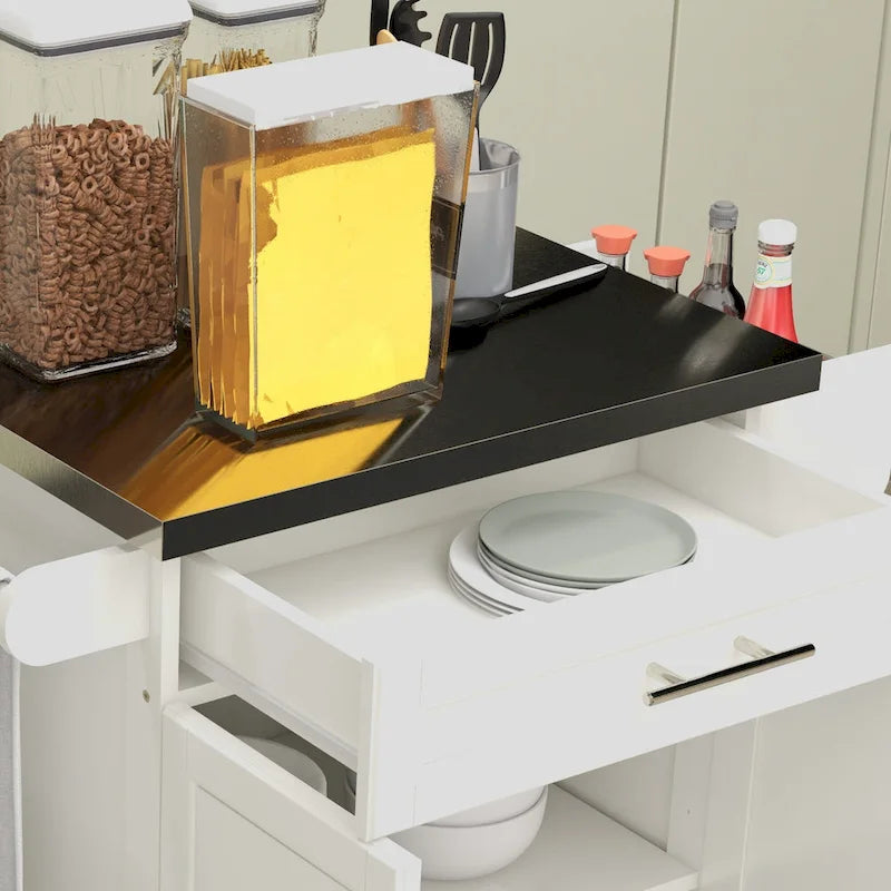 Îlot de cuisine roulant avec plateau en acier inoxydable, gris, pin, tiroirs et armoire
