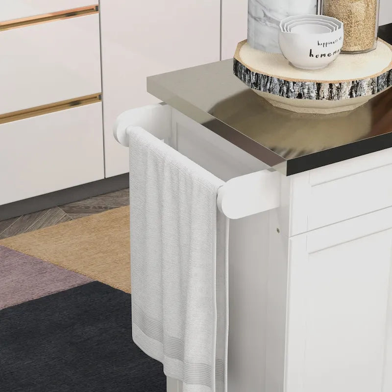 Îlot de cuisine roulant avec plateau en acier inoxydable, gris, pin, tiroirs et armoire