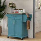 Îlot de cuisine roulant avec plateau en acier inoxydable, gris, pin, tiroirs et armoire