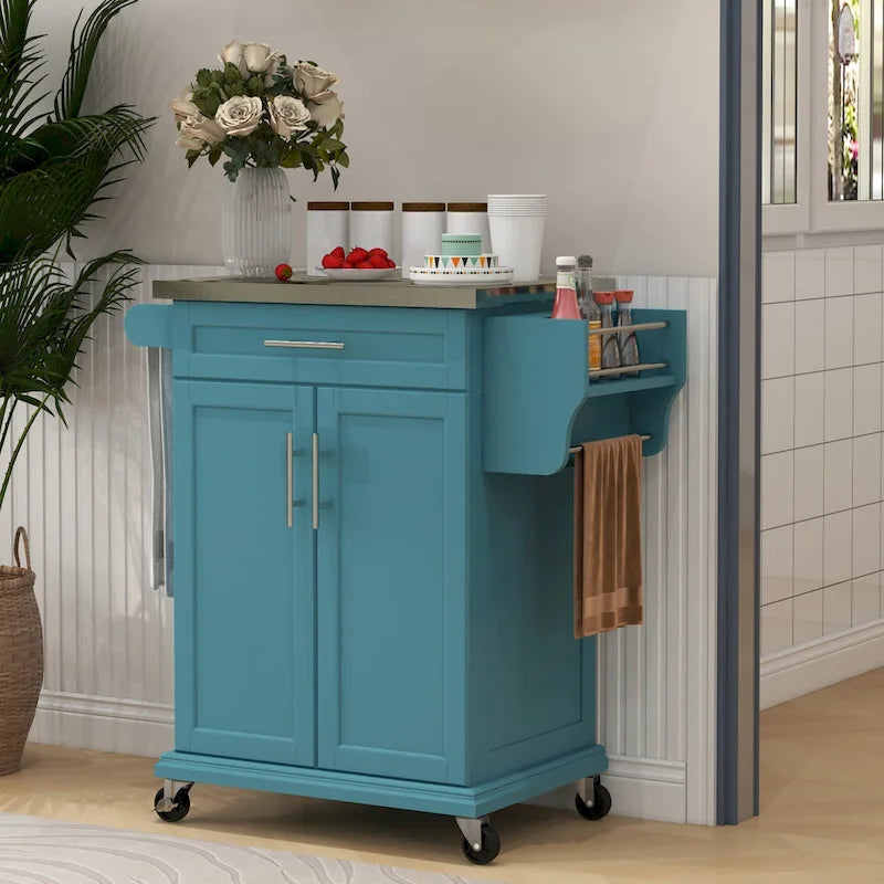 Îlot de cuisine roulant avec plateau en acier inoxydable, gris, pin, tiroirs et armoire