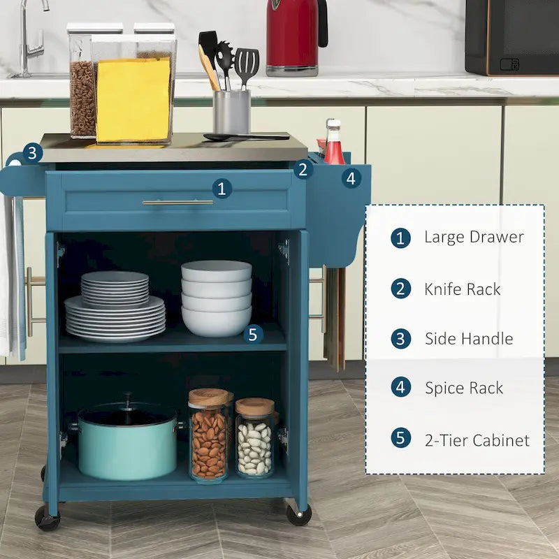 Îlot de cuisine roulant avec plateau en acier inoxydable, gris, pin, tiroirs et armoire