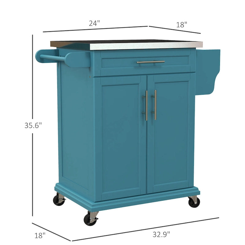 Îlot de cuisine roulant avec plateau en acier inoxydable, gris, pin, tiroirs et armoire