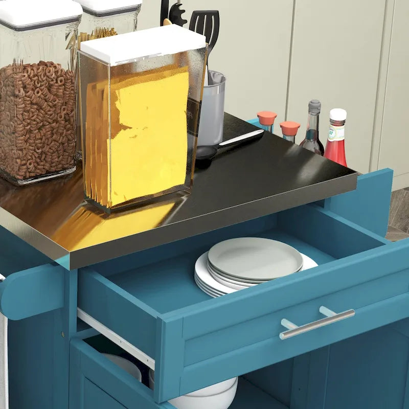 Îlot de cuisine roulant avec plateau en acier inoxydable, gris, pin, tiroirs et armoire