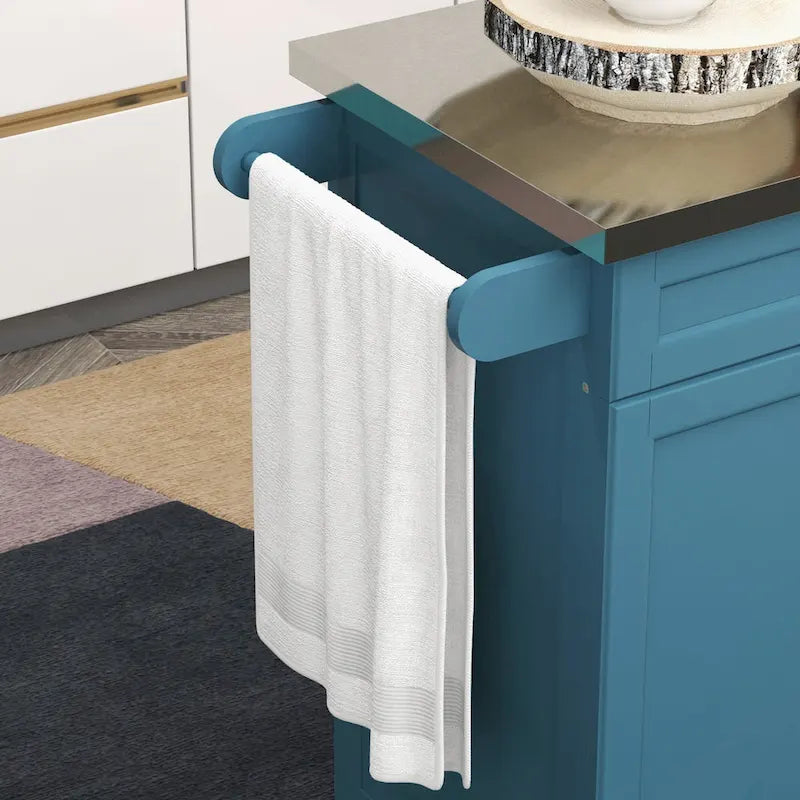 Îlot de cuisine roulant avec plateau en acier inoxydable, gris, pin, tiroirs et armoire