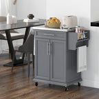 Îlot de cuisine roulant avec plateau en acier inoxydable, gris, pin, tiroirs et armoire
