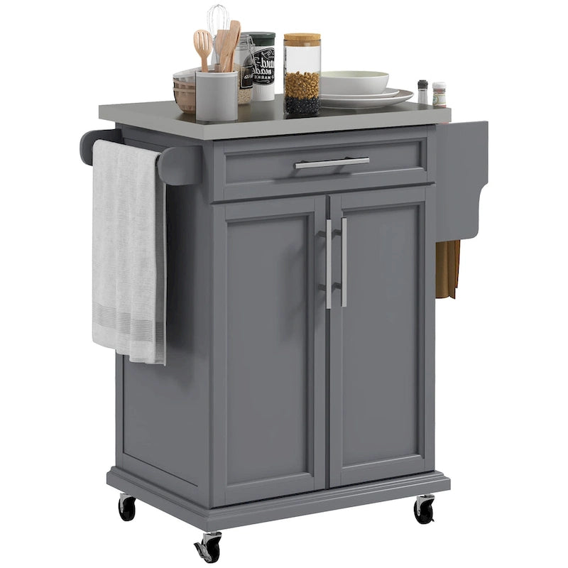 Îlot de cuisine roulant avec plateau en acier inoxydable, gris, pin, tiroirs et armoire