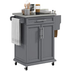 Îlot de cuisine roulant avec plateau en acier inoxydable, gris, pin, tiroirs et armoire