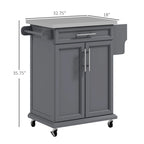 Îlot de cuisine roulant avec plateau en acier inoxydable, gris, pin, tiroirs et armoire