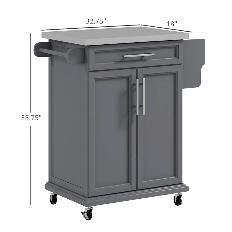 Îlot de cuisine roulant avec plateau en acier inoxydable, gris, pin, tiroirs et armoire