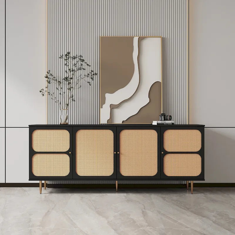 Black Rattan Door Sideboard Buffet Cabinet with Adjustable Shelf, 71"