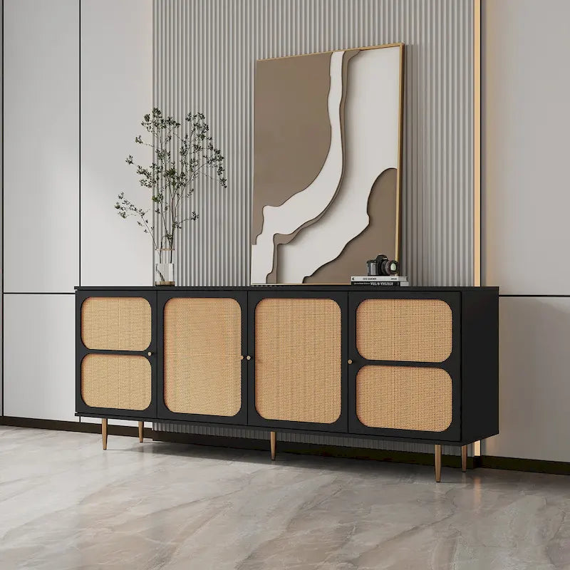 Buffet de salle à manger en rotin noir avec étagère réglable, 180 cm