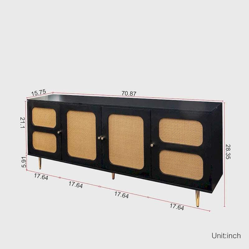 Buffet de salle à manger en rotin noir avec étagère réglable, 180 cm