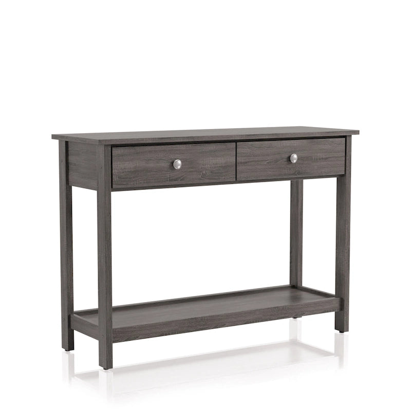 Console de canapé rustique grise en MDF avec 2 tiroirs et étagère inférieure ouverte