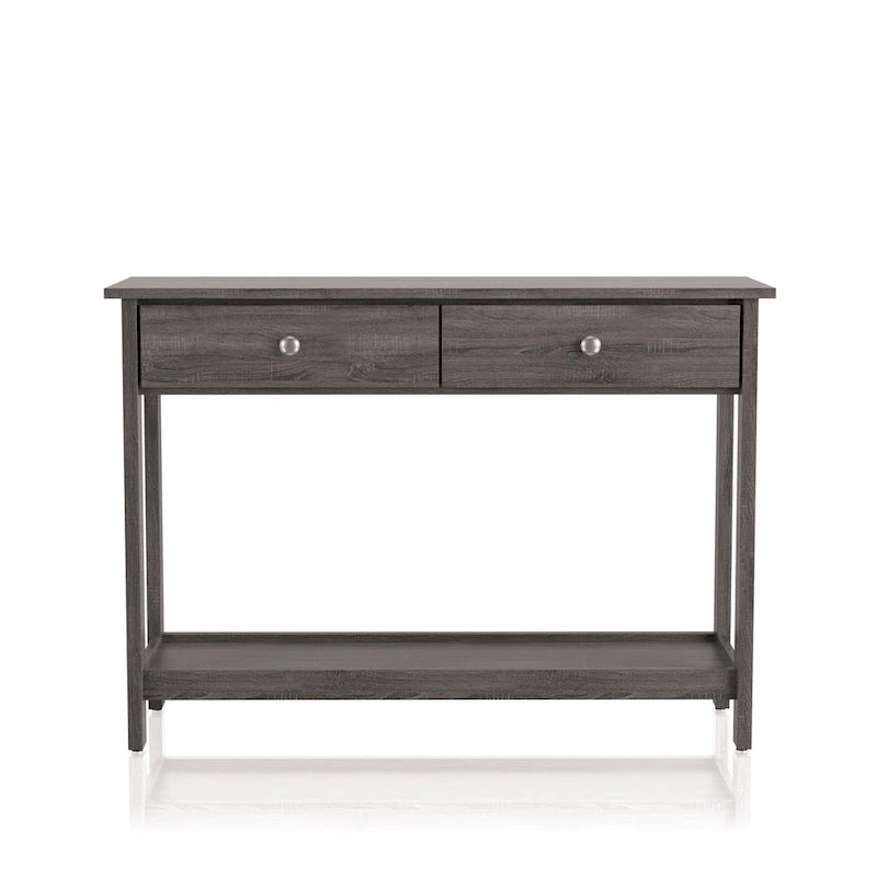 Console de canapé rustique grise en MDF avec 2 tiroirs et étagère inférieure ouverte