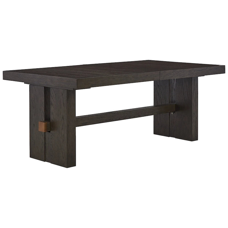 Table à manger rectangulaire moderne extensible, chêne brun foncé, double pied central, pour 6-8 personnes