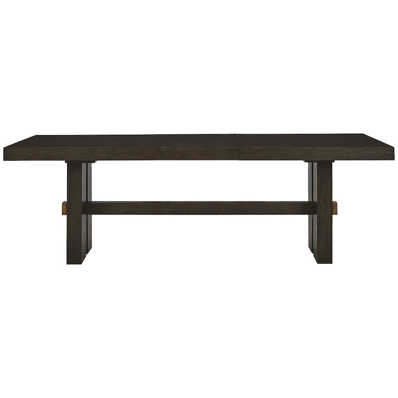 Table à manger rectangulaire moderne extensible, chêne brun foncé, double pied central, pour 6-8 personnes