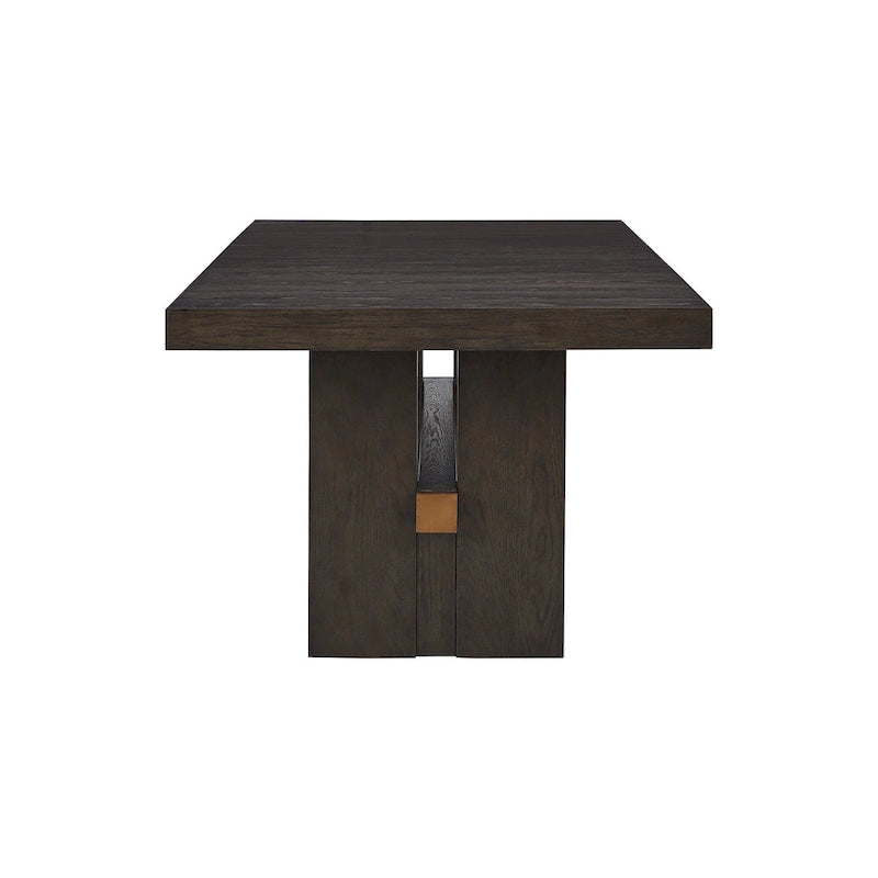 Table à manger rectangulaire moderne extensible, chêne brun foncé, double pied central, pour 6-8 personnes