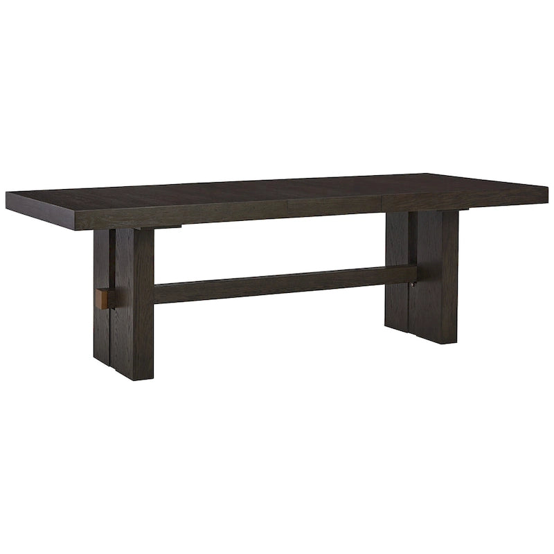 Table à manger rectangulaire moderne extensible, chêne brun foncé, double pied central, pour 6-8 personnes